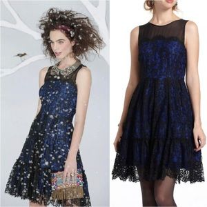 Moulinette Soeurs Saphire Illusion Black Blue Silk Lace Ruffle Dress  6 Academia
